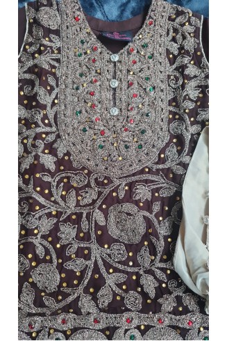 Brown Embroidered Girls Party Wear Dress