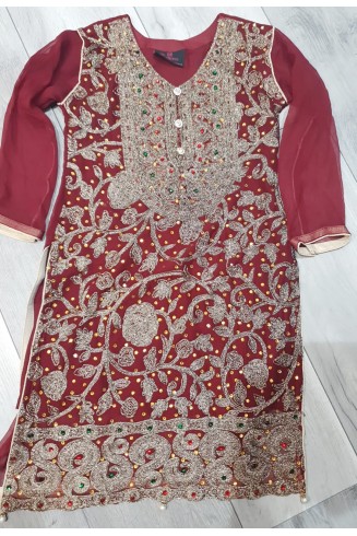 Maroon Embroidered Chiffon Girls Wedding Suit