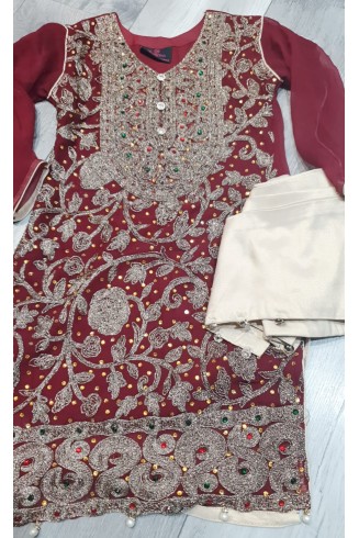 Maroon Embroidered Chiffon Girls Wedding Suit