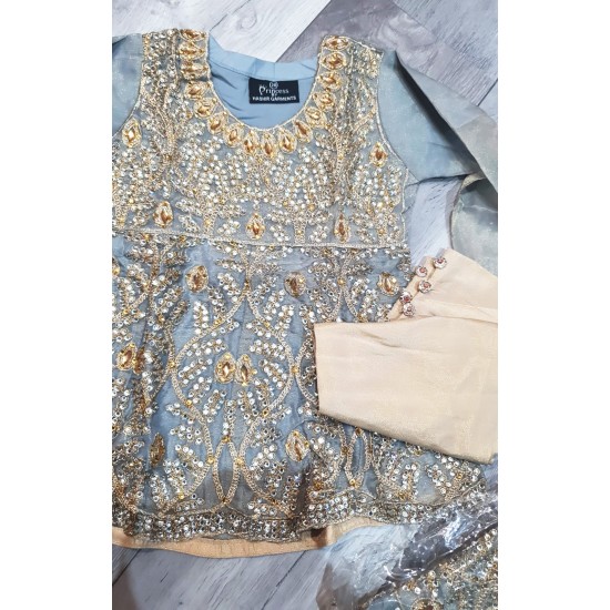 Sleet Grey Embroidered Girls Party Wear Frock Suit