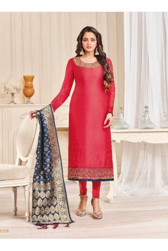 Red Straight Indian Party Wear Churidar Suit