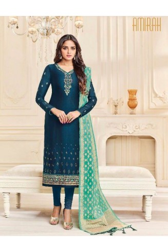 Teal Blue Straight Indian Party Wear Churidar Suit