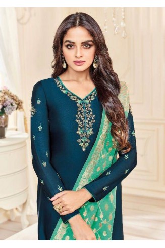 Teal Blue Straight Indian Party Wear Churidar Suit