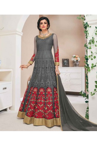Grey Red Net Indian Designer Anarkali Gown