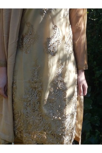LUXURY BEIGE GOLD PEARL EID DESIGNER READY MADE SUIT 
