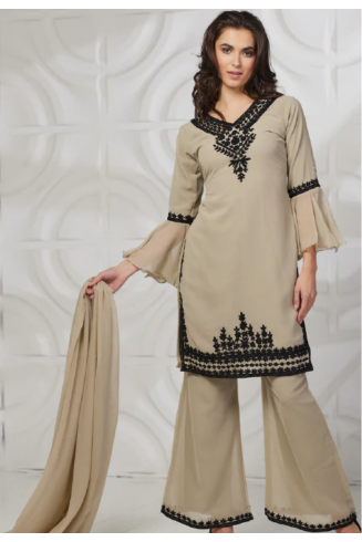 Fawn Black Embroidered Kameez and Capri Trouser Suit