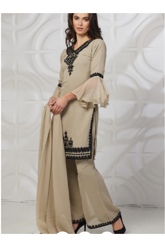 Fawn Black Embroidered Kameez and Capri Trouser Suit
