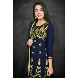 Navy Blue Embroidered Girls Anarkali Frock Suit