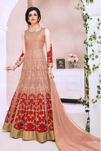 Peach Red Net Heavy Embroidered Floral Anarkali Gown