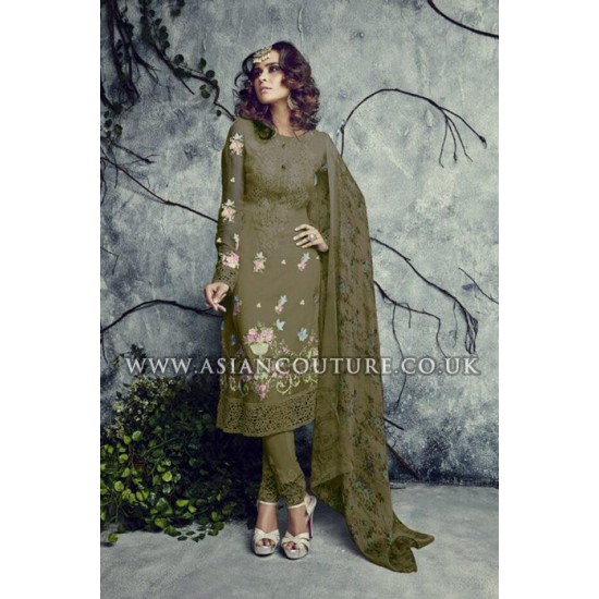 Mehndi Colour Indian Pakistani Georgette Churidar Party Wear Suit 