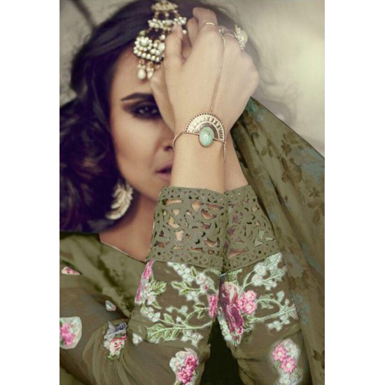 Mehndi Colour Indian Pakistani Georgette Churidar Party Wear Suit 