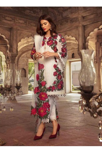 WHITE ROSE MOTIF FOX GEORGETTE PAKISTANI DESIGNER SUIT