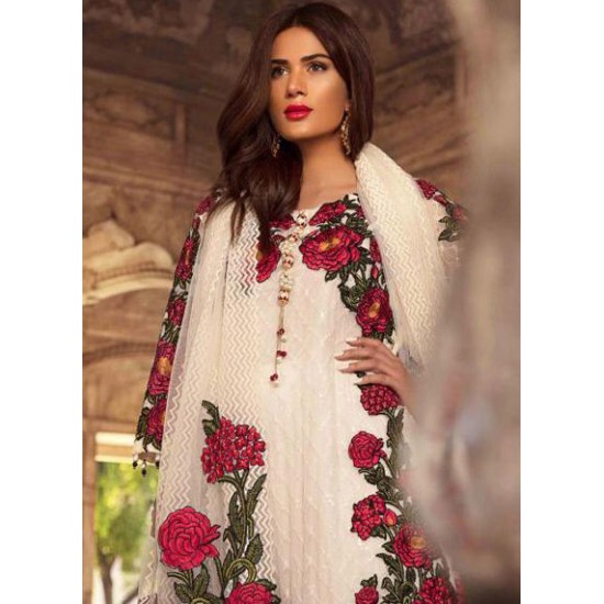 WHITE ROSE MOTIF FOX GEORGETTE PAKISTANI DESIGNER SUIT