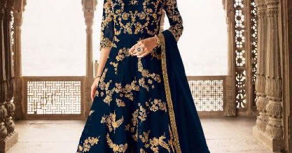 navy blue indian long dress Navy Blue Resham Embroidered Net Wedding Indian Anarkali Salwar Suit