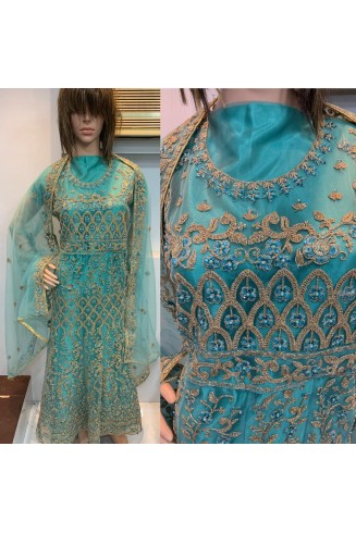 Turquoise Embroidered Indian Designer Anarkali Dress