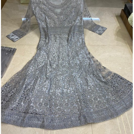 Grey Indian Designer Heavy Embroidered Wedding Gown