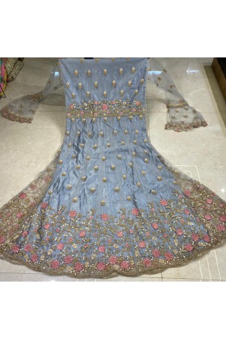 Sky Blue Indian Designer Heavy Embroidered Wedding Gown