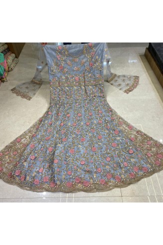 Sky Blue Indian Designer Heavy Embroidered Wedding Gown