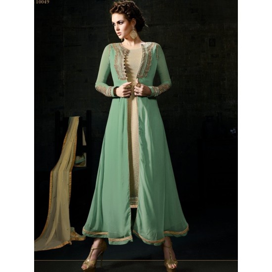 BROWN AND GREEN MUGDHA GEORGETTE ANARKALI JACKET STYLE SUIT