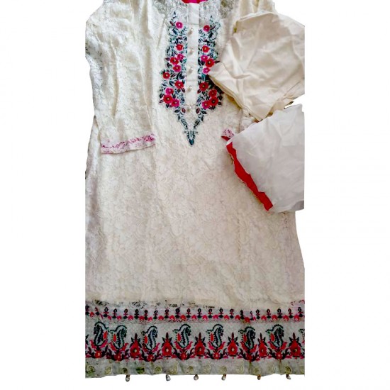 Luxury Gold Cream Net Pink Embroidery Salwar Suit