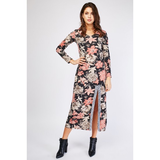 Black Vintage Floral Printed Front Slit Dress