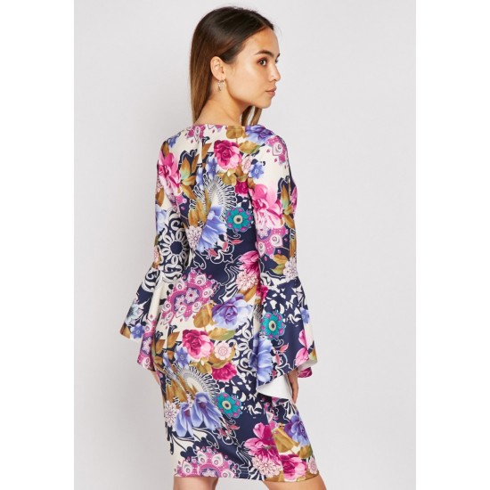 PURPLE BELL SLEEVE PRINTED MINI DRESS