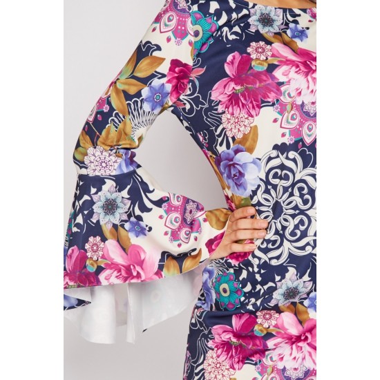 PURPLE BELL SLEEVE PRINTED MINI DRESS