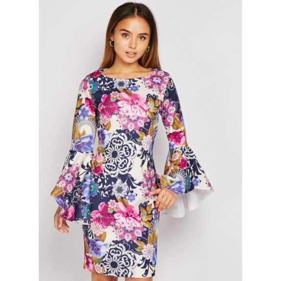 PURPLE BELL SLEEVE PRINTED MINI DRESS