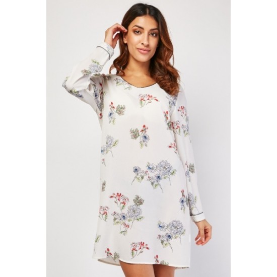 White Floral Printed Summer Wear Tunic Dress