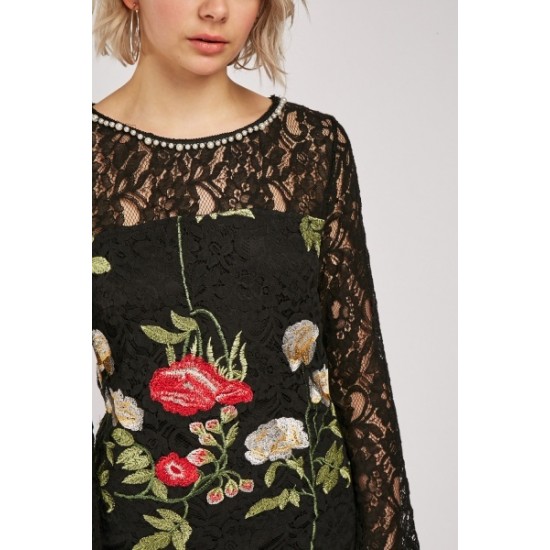 Ladies Black Embroidered Lace Shift Dress