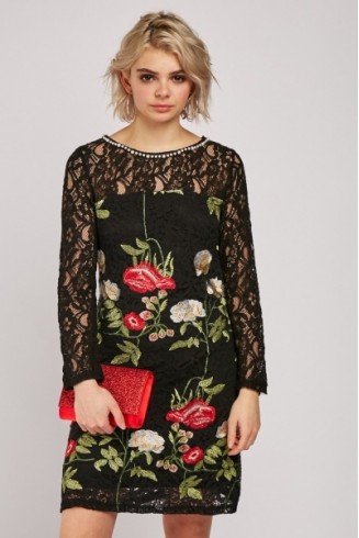 Ladies Black Embroidered Lace Shift Dress
