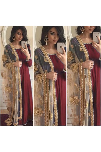 Maroon Gold Embroidered Party Wear Anarkali Dress With Heavy Scarf 