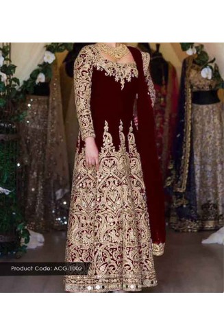 MAROON INDIAN DESIGNER BRIDAL WEDDING GOWN