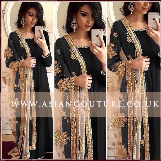 RUMENA BEGUM BLACK ANARKALI DRESS WITH EMBROIDERED DUPATTA 