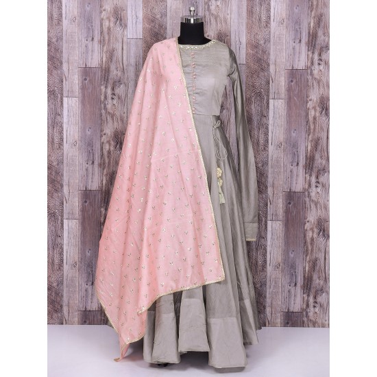SILK GREY AND PINK DESIGNER PARTY WEAR INDIAN ANARKALI SUIT