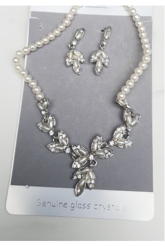 Elegant Pearl & Glass Crystal Necklace and Earring Set