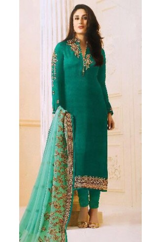 ULTRAMARINE GREEN SATIN GEORGETTE SUIT WITH HEAVY WORK DUPATTA