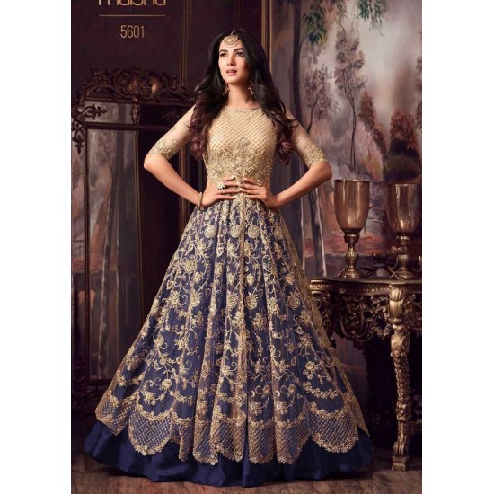 Blue & Gold Anarkali Gown Elegant Wedding Dress