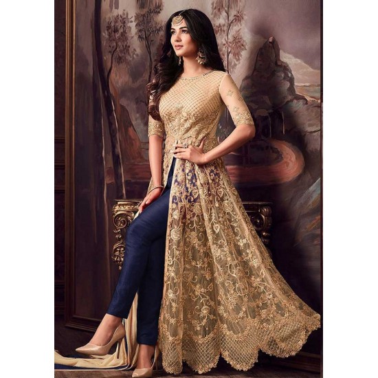 Blue & Gold Anarkali Gown Elegant Wedding Dress