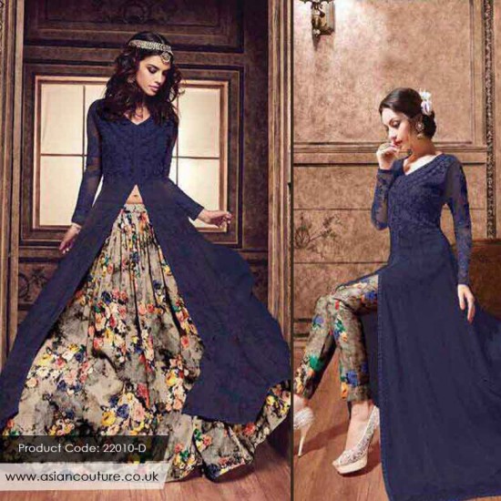 NAVY BLUE INDO WESTERN FRONT SLIT PARTY WEAR DRESS