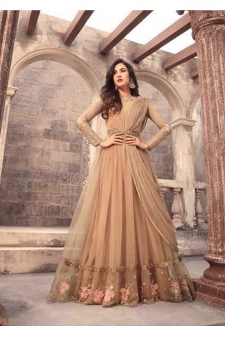 Brown Net Anarkali Dress Indian Party Gown