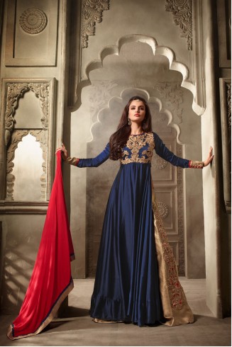 Navy Blue & Gold Indian Wedding Dress Embroidered Long Suit