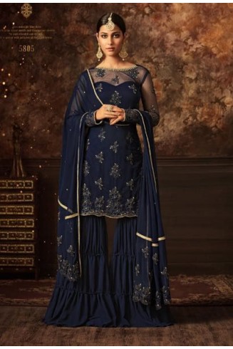 NAVY BLUE INDIAN WEDDING GHARARA SEMI STITCHED SUIT ( DELIVERY IN 2 WEEKS )