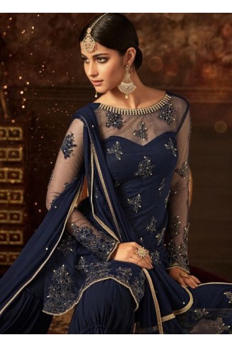 NAVY BLUE INDIAN WEDDING GHARARA SEMI STITCHED SUIT ( DELIVERY IN 2 WEEKS )