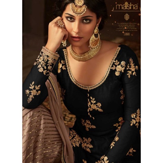 Beige & Black Gharara Suit Indian Party Wedding Dress