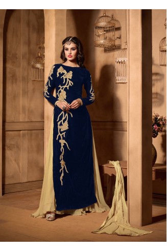 Navy Blue & Beige Indian Designer Velvet Party Suit