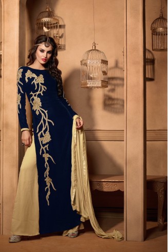 Navy Blue & Beige Indian Designer Velvet Party Suit