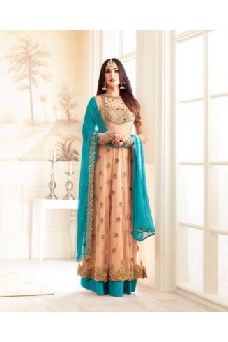 Peach & Blue Indian Wedding Suit Elegant Mehndi Dress