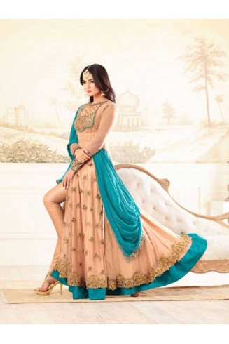 Peach & Blue Indian Wedding Suit Elegant Mehndi Dress