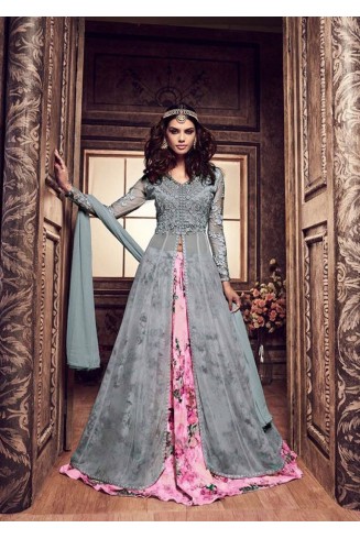 Grey Printed Anarkali Frock Party Wear Dress